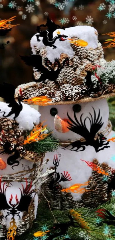 Snowmen with pine cones and dragons in a festive holiday theme.