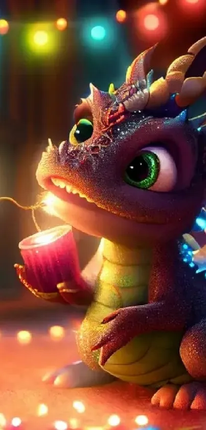 Cute dragon with colorful lights in a festive setting.