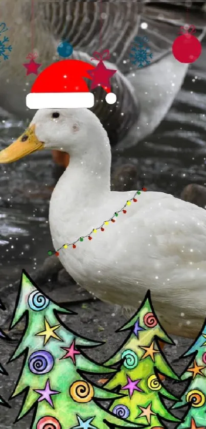 Festive Christmas duck with Santa hat and colorful decorations.