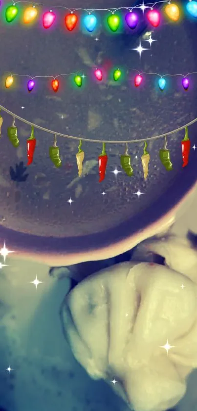 Dumplings with colorful lights and chili strings in a festive setting.