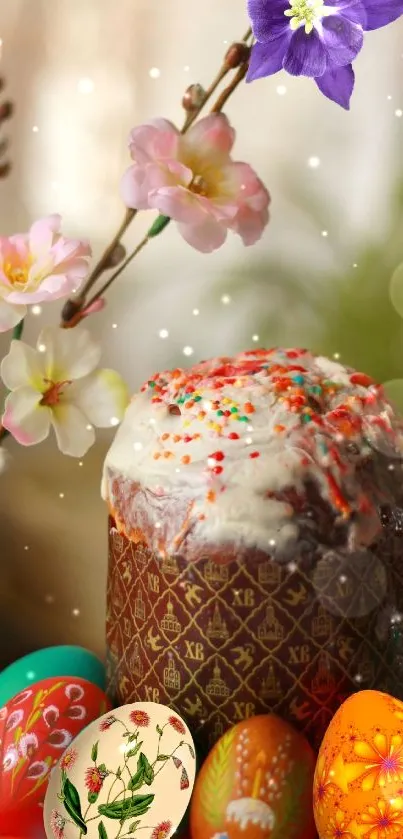 Easter cake with decorated eggs and spring flowers.