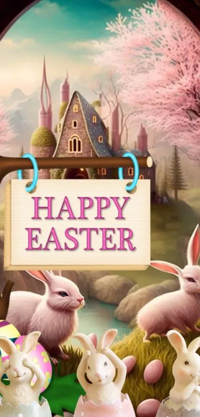 Whimsical Easter wallpaper with bunnies and a castle in pastel colors.