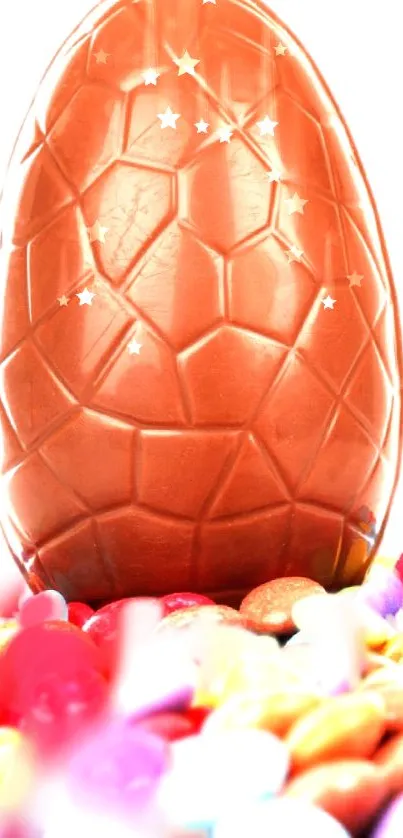 Bronze Easter egg and colorful candies mobile wallpaper.