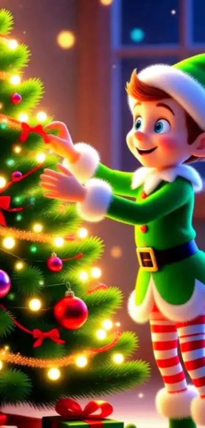 Elf decorating a Christmas tree with colorful lights.