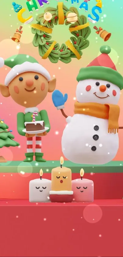 Festive mobile wallpaper with elf and snowman in bright colors.