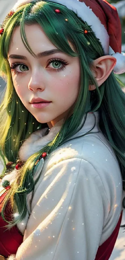 Festive elf with green hair and Santa hat, perfect for Christmas.