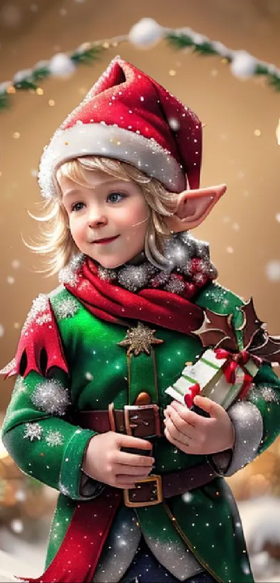 Festive elf holding gift in snowy Christmas scene.