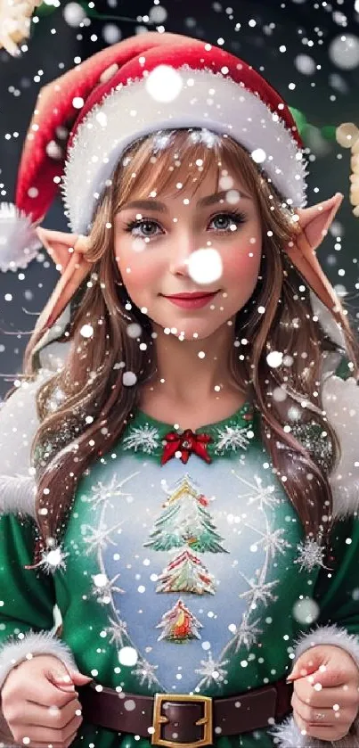 Festive elf girl in a snow-covered Christmas scene.
