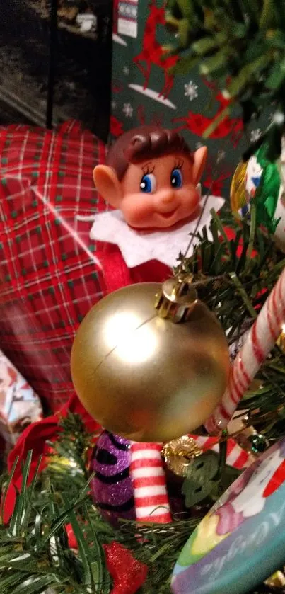 Festive Christmas scene with an elf and ornaments on a decorated tree.