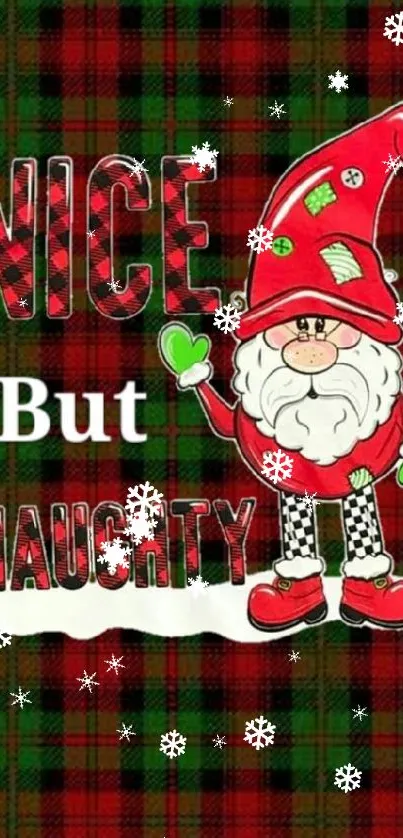 Festive holiday wallpaper with a playful elf and plaid background.