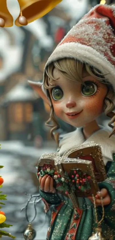 Festive elf in winter wonderland with Christmas decorations.