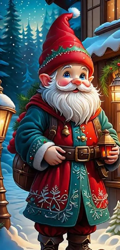 Festive elf in snowy winter forest by cozy cottage.