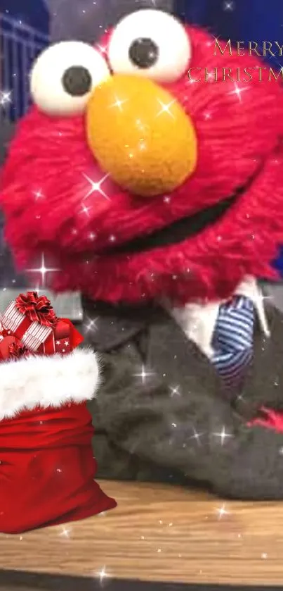 Elmo in a festive setting with Christmas decorations.