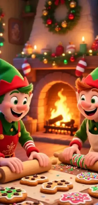 Two cheerful elves baking cookies by a festive fireplace.
