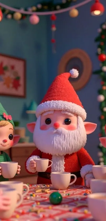 Adorable festive elves enjoying hot cocoa together.