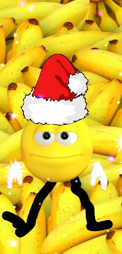 Festive emoji with Santa hat on banana background.