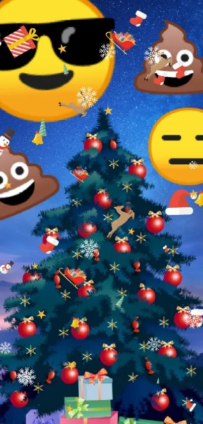 Christmas tree with emojis and presents on a starry night background.