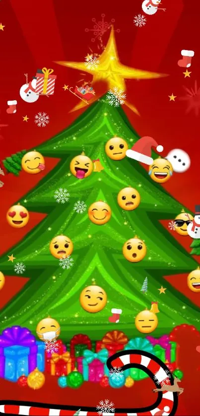 Festive Christmas tree with emojis on a red background, perfect for holiday cheer.