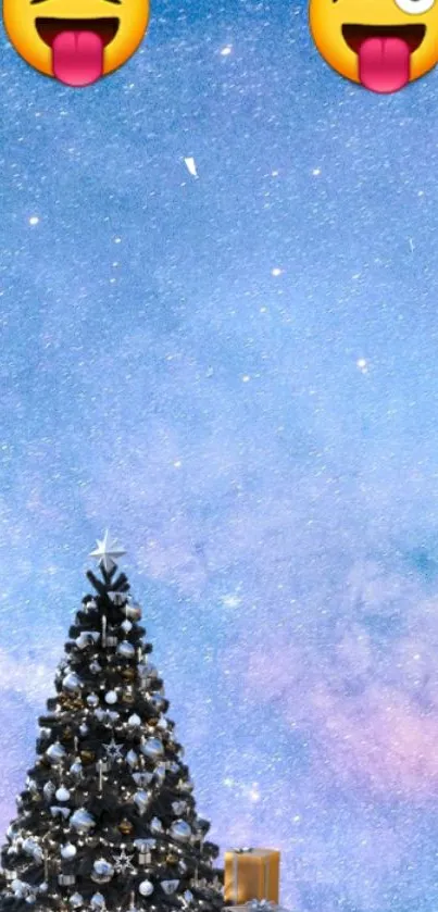 Festive galaxy background with Christmas tree and emojis.