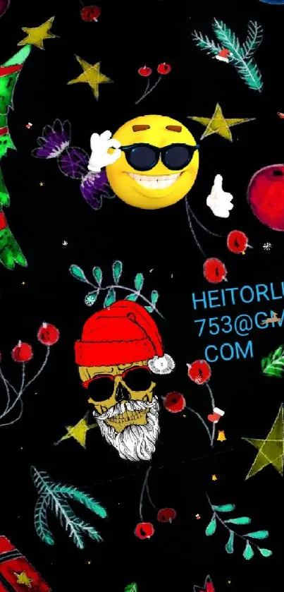 Christmas-themed wallpaper with emojis and festive decorations on a black background.