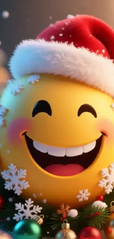 Festive emoji with Santa hat and decorations.