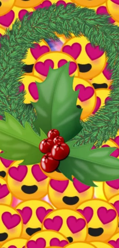 Christmas wreath with heart-eye emojis background.