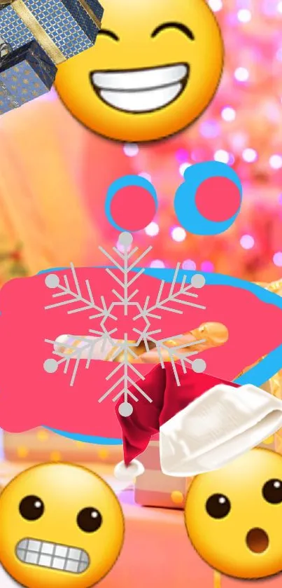 Festive mobile wallpaper with emojis and holiday decorations.