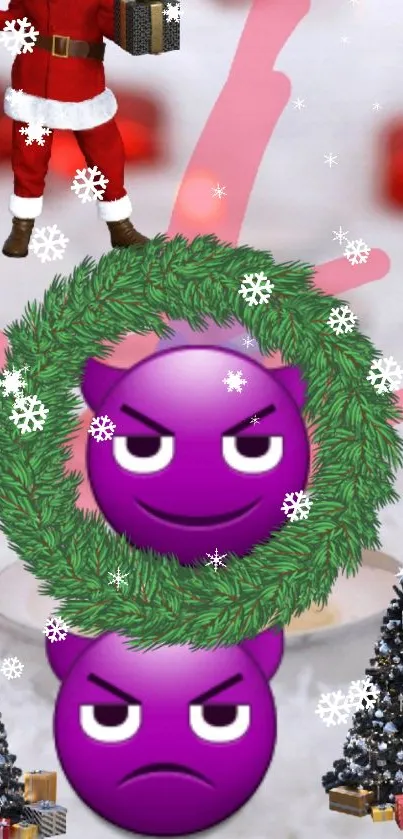 Festive wallpaper with purple emojis, Christmas wreaths, and holiday decorations.