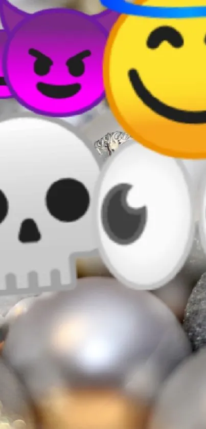 Colorful emojis on a silver and gold background.