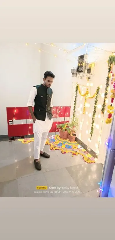 Festive room with ethnic decor and soft lighting.
