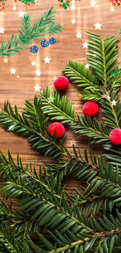 Festive phone wallpaper with evergreen branches and holiday decorations.