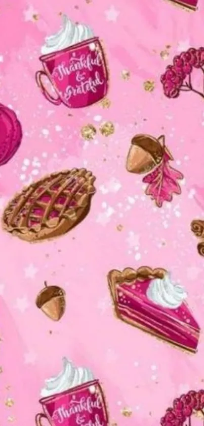 Festive fall wallpaper with pink background, pies, pumpkins, and cinnamon sticks.