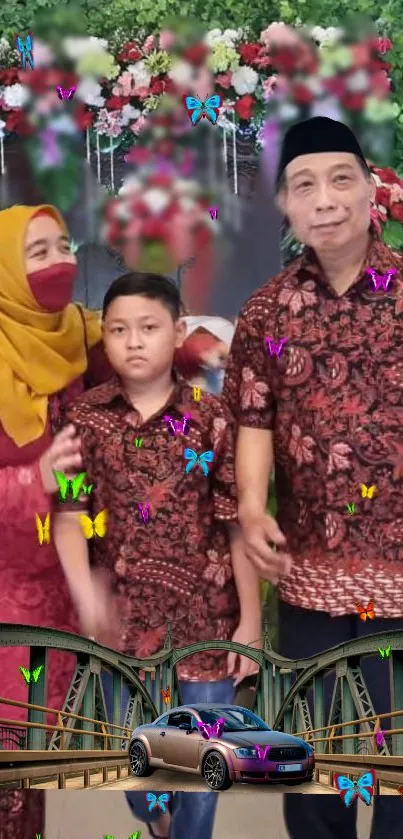 Family in festive attire with butterflies and car bridge.