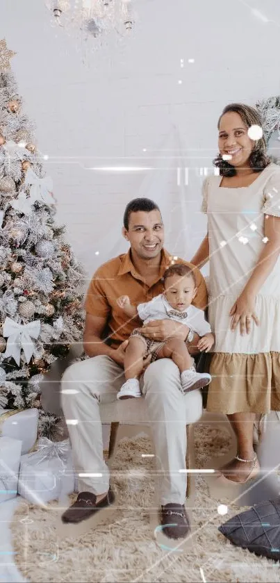 Family enjoying Christmas with a festive tree indoors.