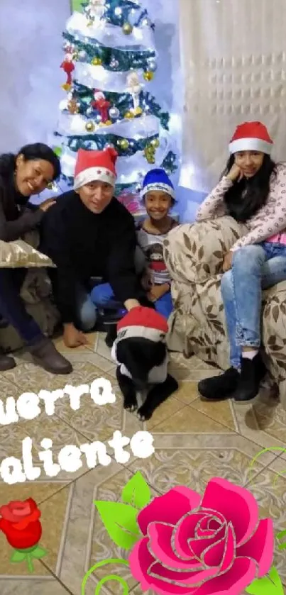 Family in Santa hats by a Christmas tree with festive decor.