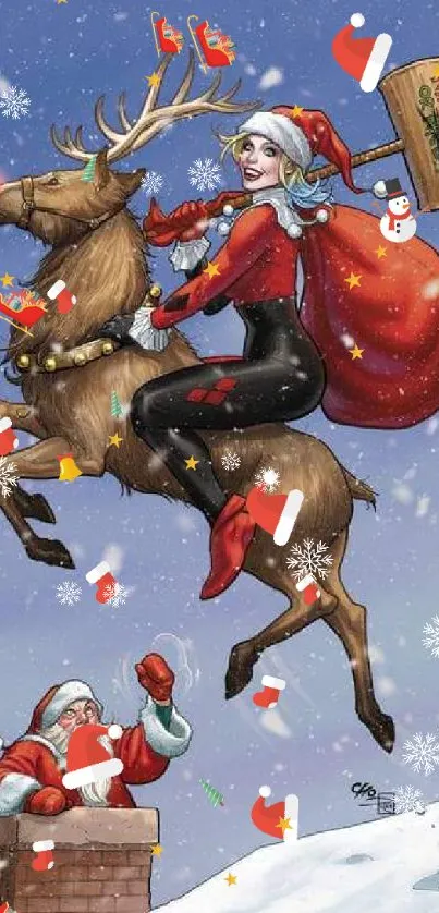 Festive character rides reindeer in snowy landscape.