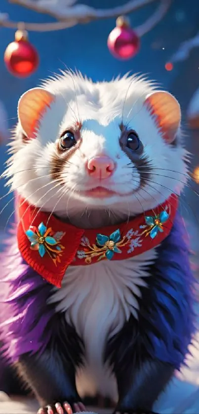 Festive ferret in purple scarf in a snowy village.