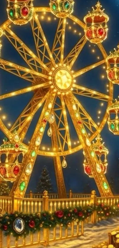 A festive ferris wheel with bright lights against a starry night sky.
