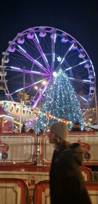 Festive night with Ferris wheel and Christmas tree lights.