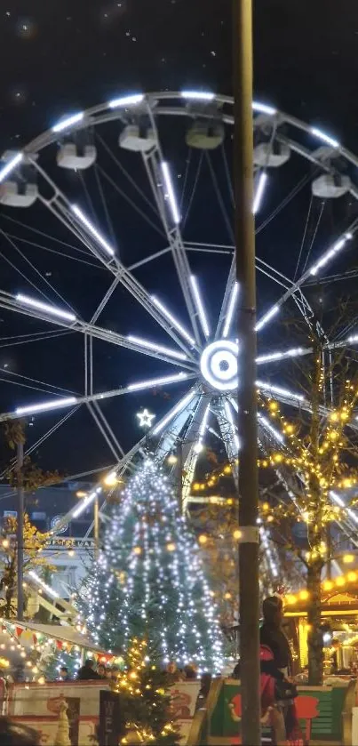 Festive Ferris wheel shining at night with holiday lights and decorations.