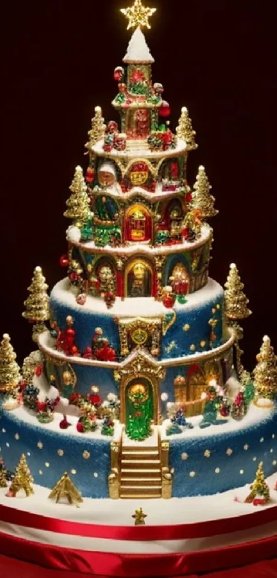 A whimsical Christmas cake wallpaper with festive figurines and gold accents.