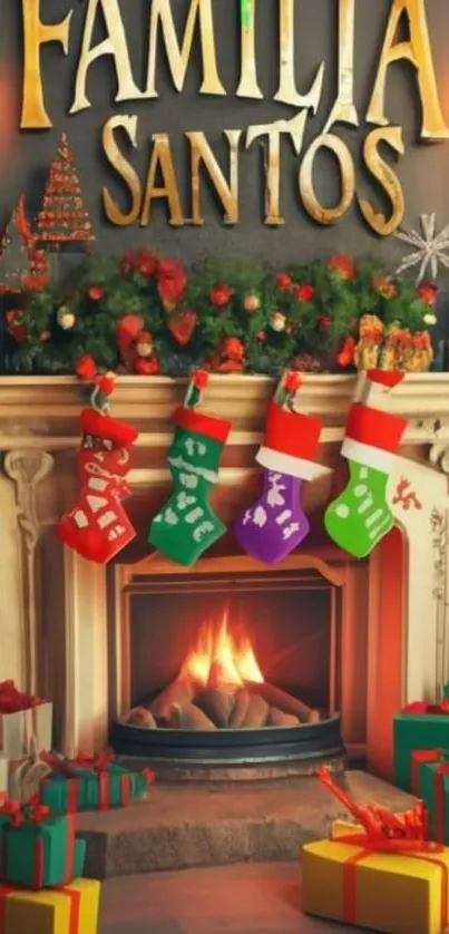 Christmas fireplace with stockings and gifts in festive decor.