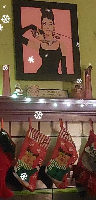 Festive fireplace wallpaper with holiday stockings and decor.