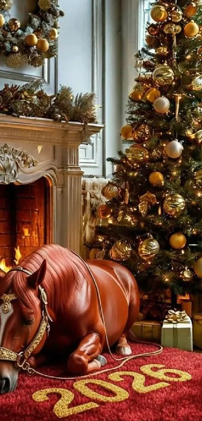 Festive room with fireplace, tree, and 2024 decor.