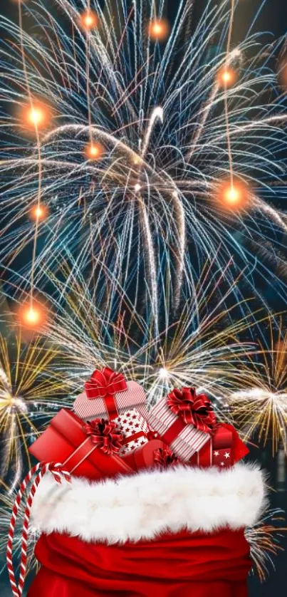 Festive mobile wallpaper with fireworks and Santa's gift bag.