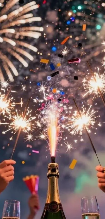 Hands holding sparklers amid colorful fireworks and champagne bottles.
