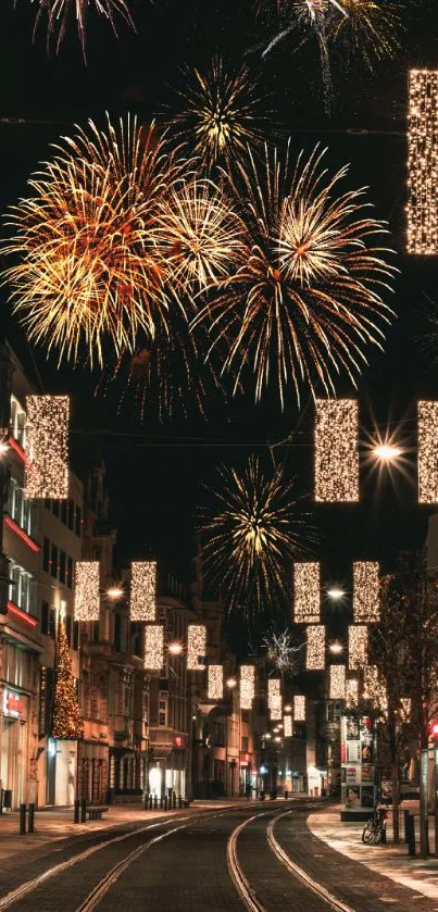 City street with fireworks illuminating the night sky.