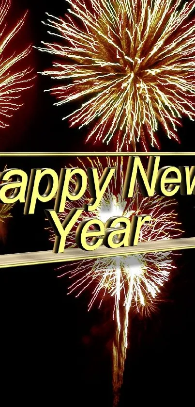 Vibrant fireworks celebrating New Year with festive greetings.