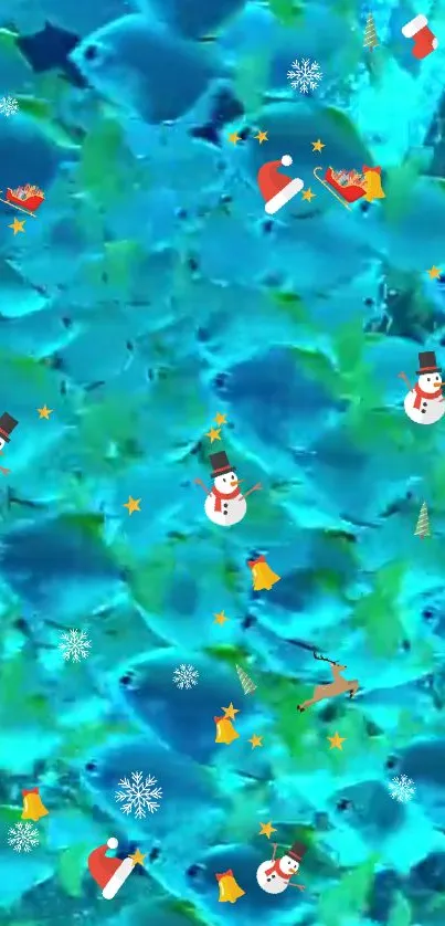 Blue fish wallpaper with festive holiday icons.