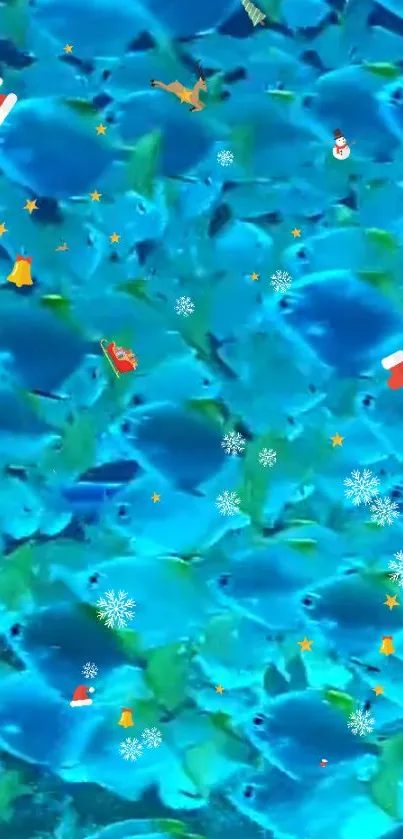 Festive blue fish wallpaper with holiday icons.